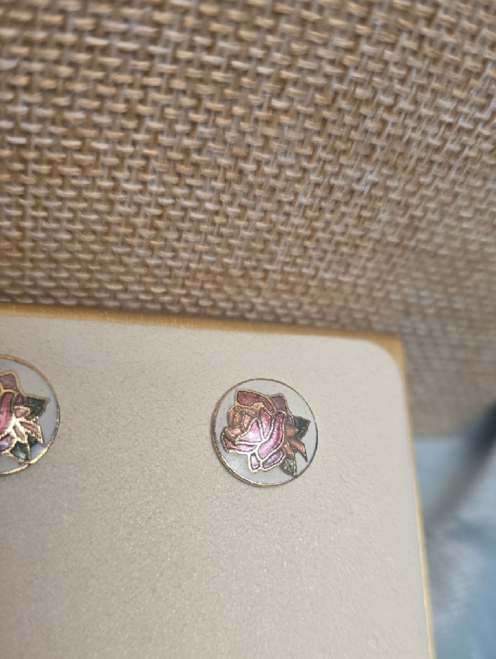 Cloisonne Rose Stud Earrings - Pink & Green Floral Enamel - Picture 4 of 6